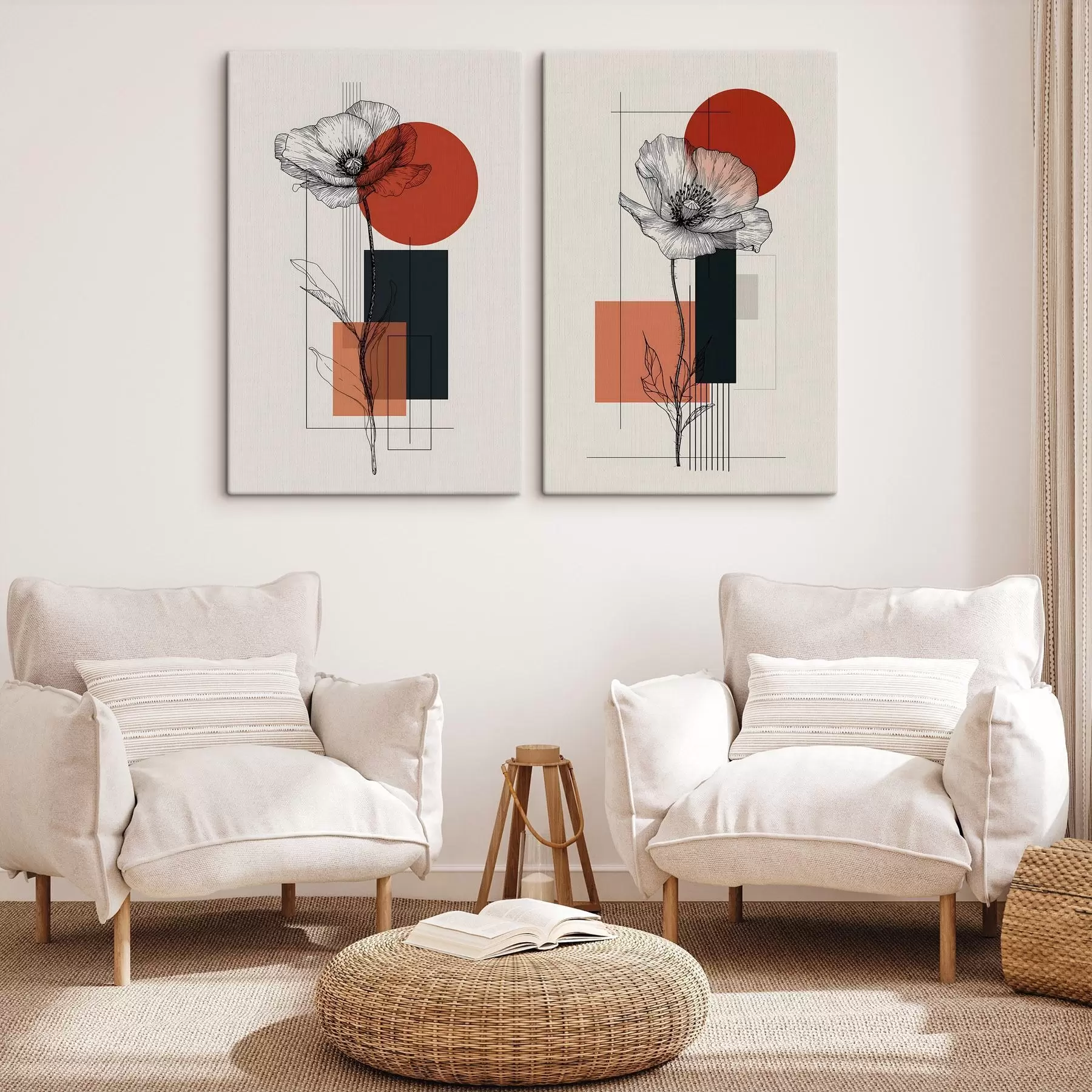 Wandbilder Grafische Mohnblumen vor einem geometrischen Hintergrund m30533