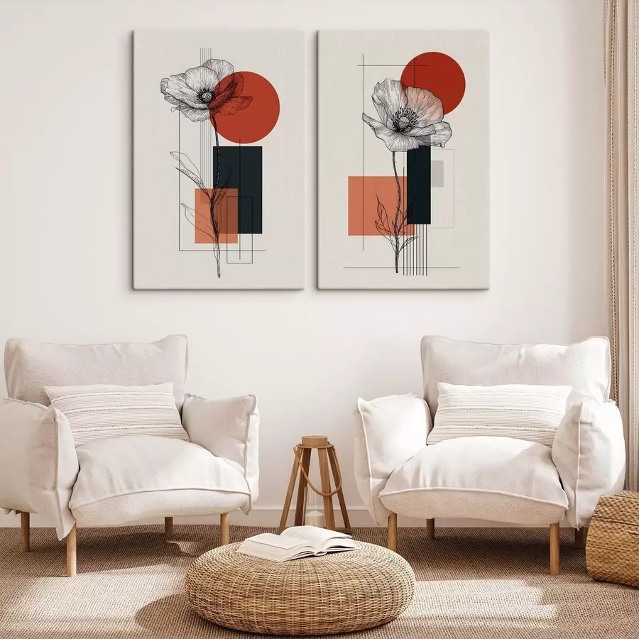 Wandbilder Grafische Mohnblumen vor einem geometrischen Hintergrund m30533