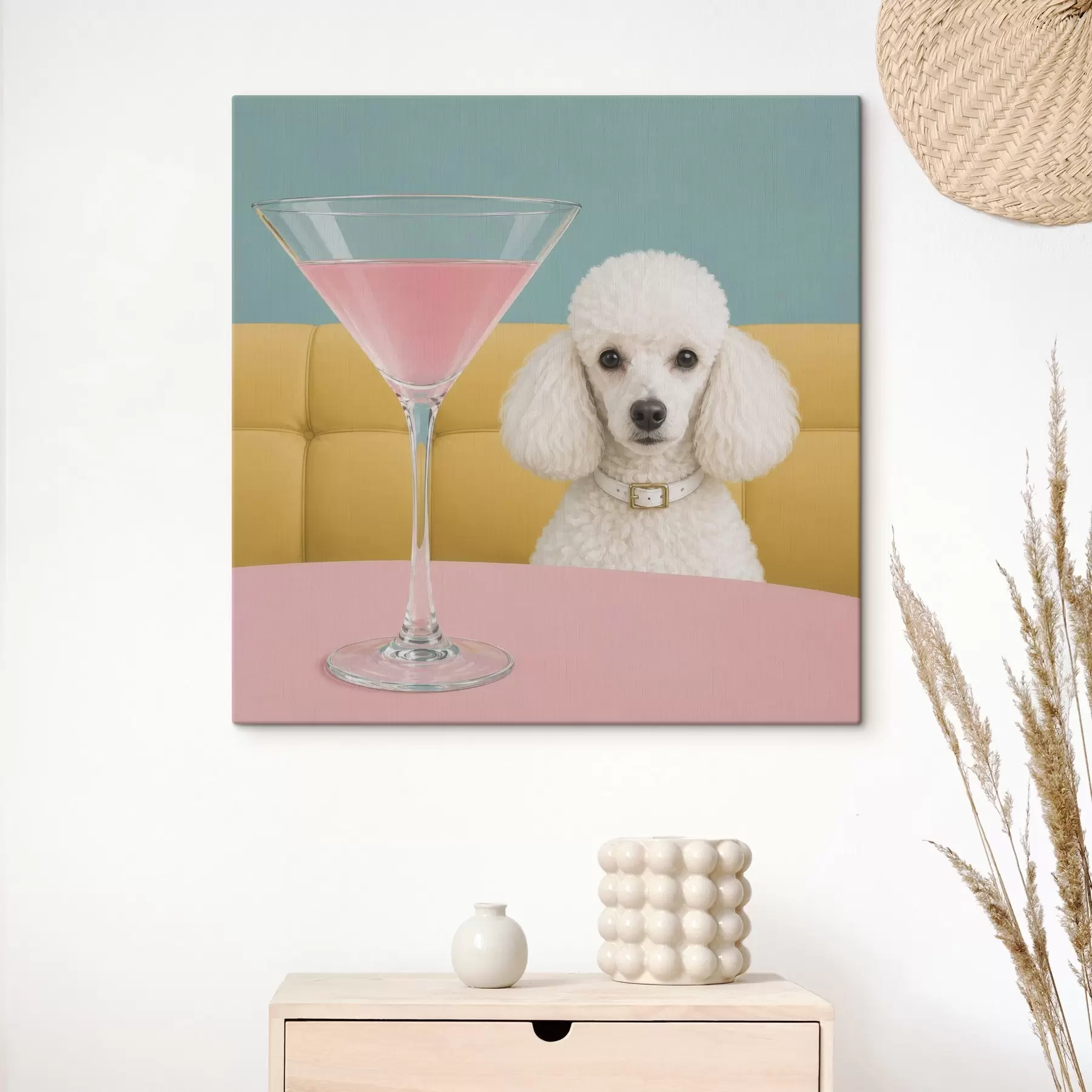 Wandbilder Ein weißer Pudel und ein Glas s49389
