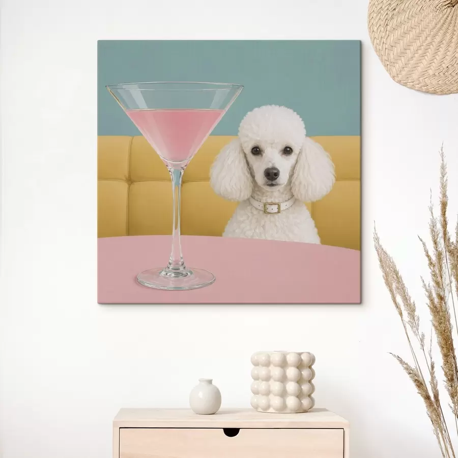 Wandbilder Ein weißer Pudel und ein Glas s49389