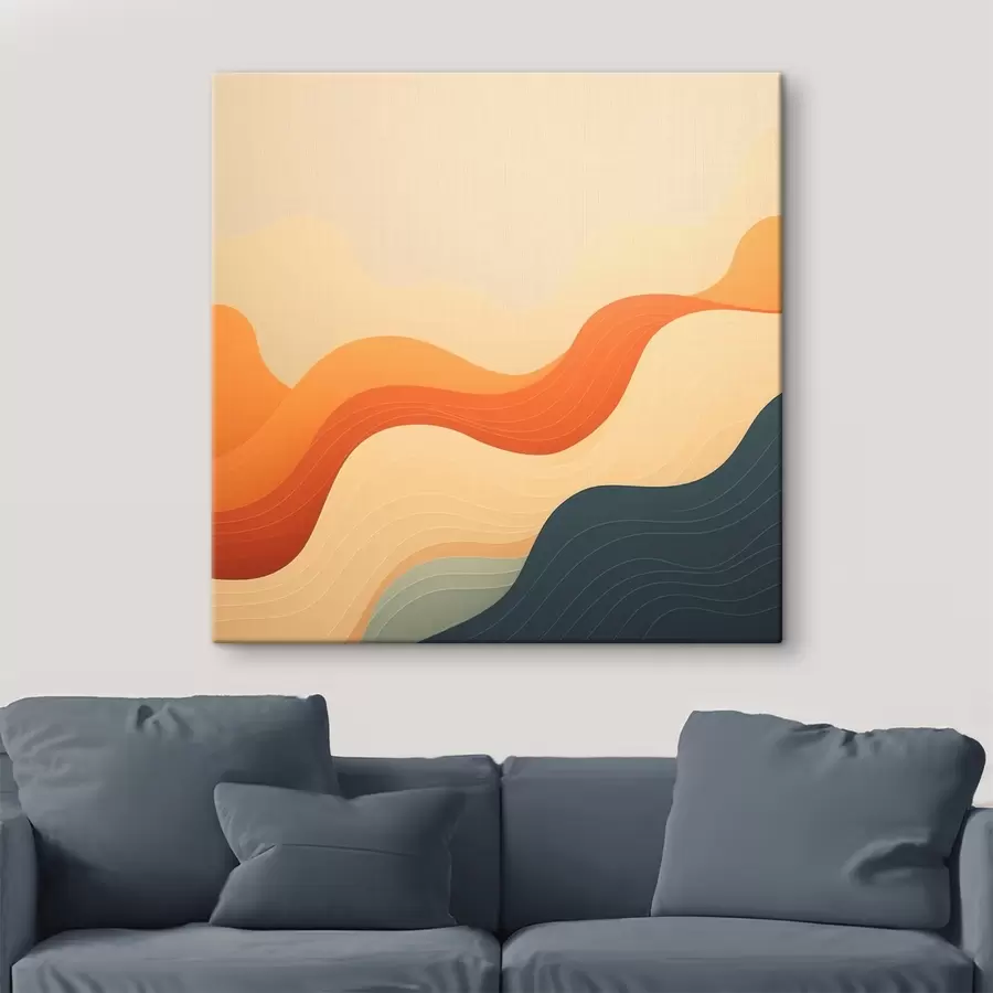 Wandbilder Eine wellige Landschaft in einer warmen Beige-Orange- und Blautönung im abstrakten Stil s48879