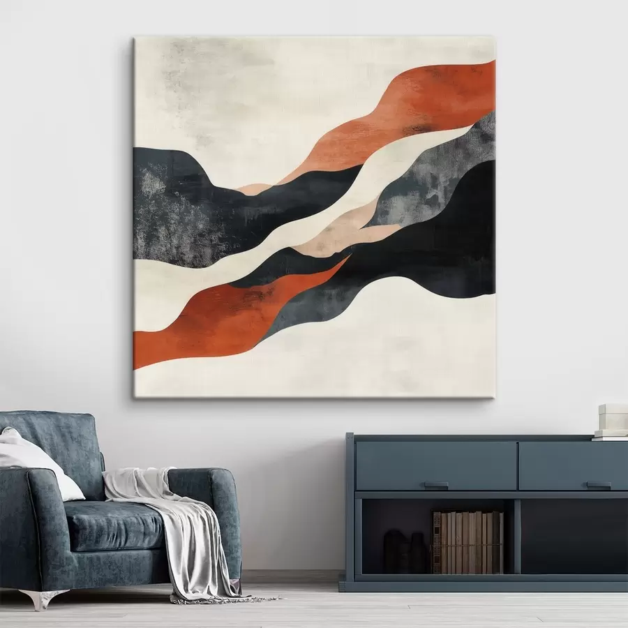 Wandbilder Abstrakte, wellenförmige Landschaft in einer kontrastreichen Farbpalette aus Terrakotta und Dunkelblau s48881