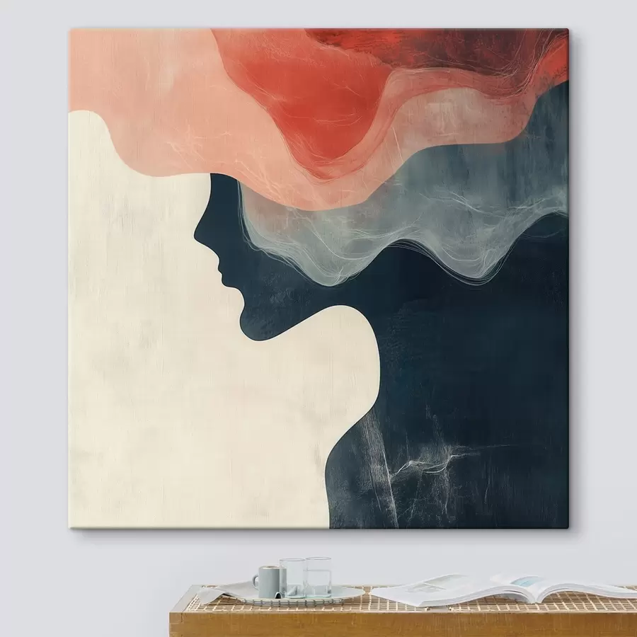 Wandbilder Abstrakte weibliche Silhouette mit korallenroten und blauen Wellen im minimalistischen Stil s48882