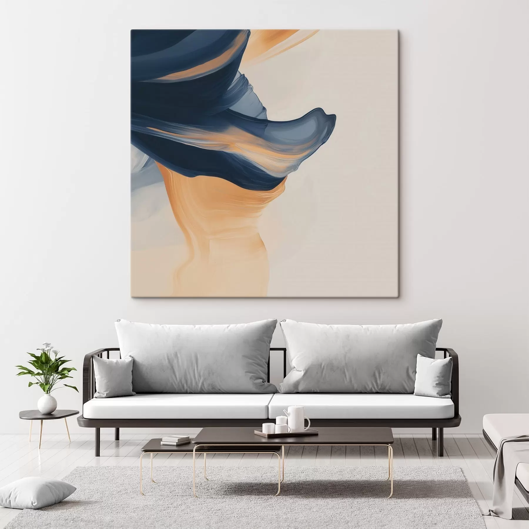 Wandbilder Komposition mit tiefblauen und warmen Pfirsichfarben in einem zeitgenössischen Malstil s48883