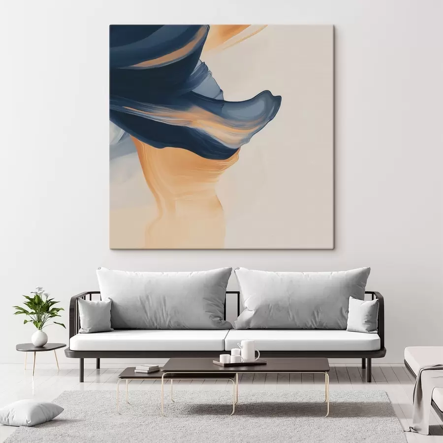 Wandbilder Komposition mit tiefblauen und warmen Pfirsichfarben in einem zeitgenössischen Malstil s48883