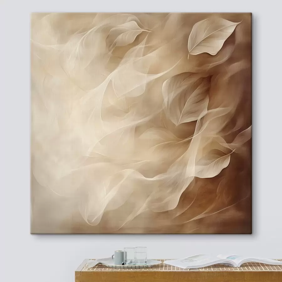 Wandbilder Zarte Blätter in Beige- und Brauntönen in einem zeitgenössischen Malstil s48892