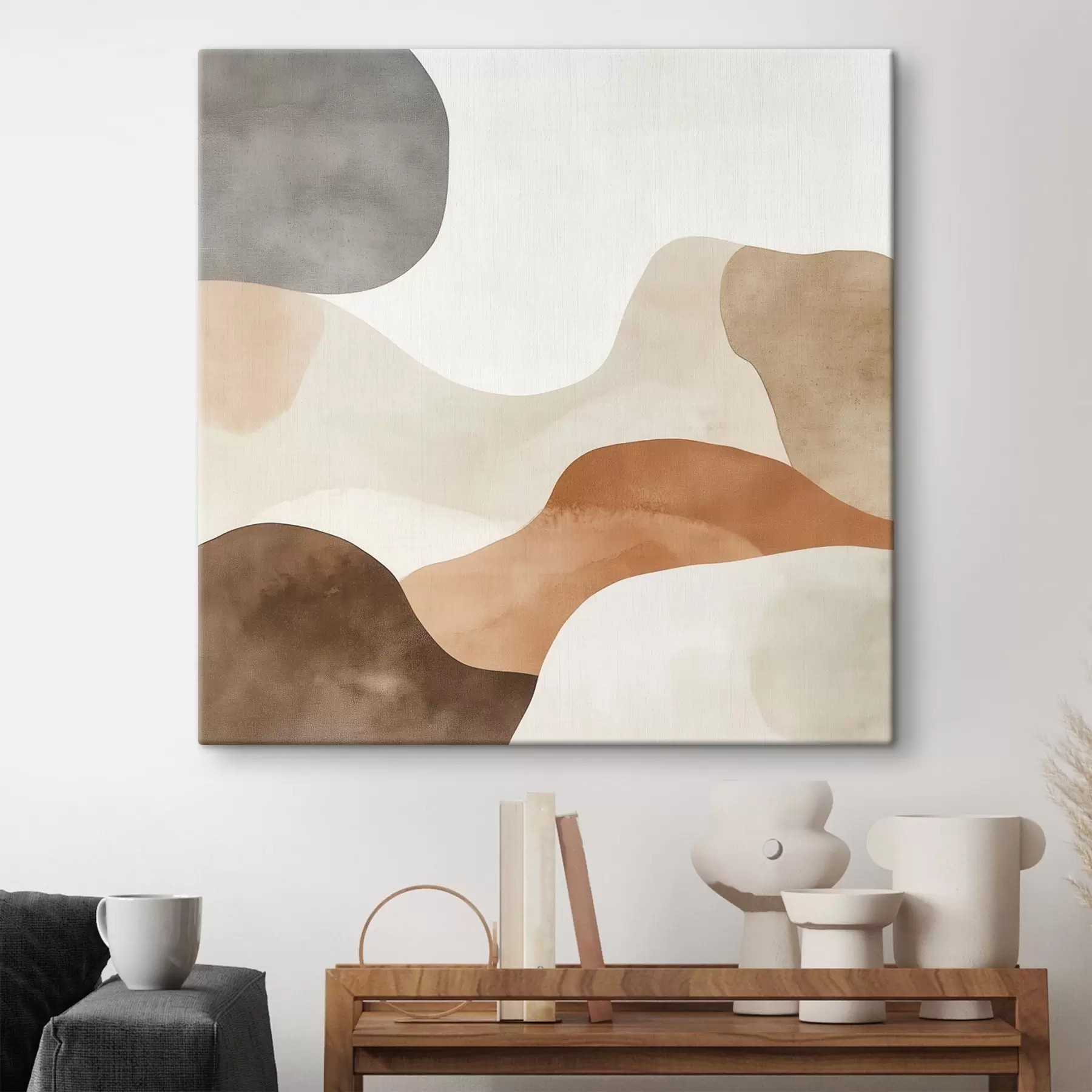 Wandbilder Abstrakte Landschaft mit fließenden Linien in einer warmen Beige-Braun-Farbpalette s48893