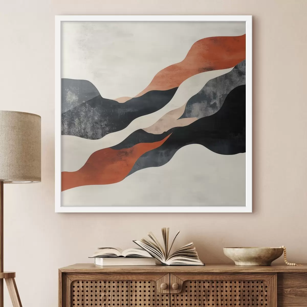 Poster Abstrakte, wellenförmige Landschaft in einer kontrastreichen Farbpalette aus Terrakotta und Dunkelblau f48881