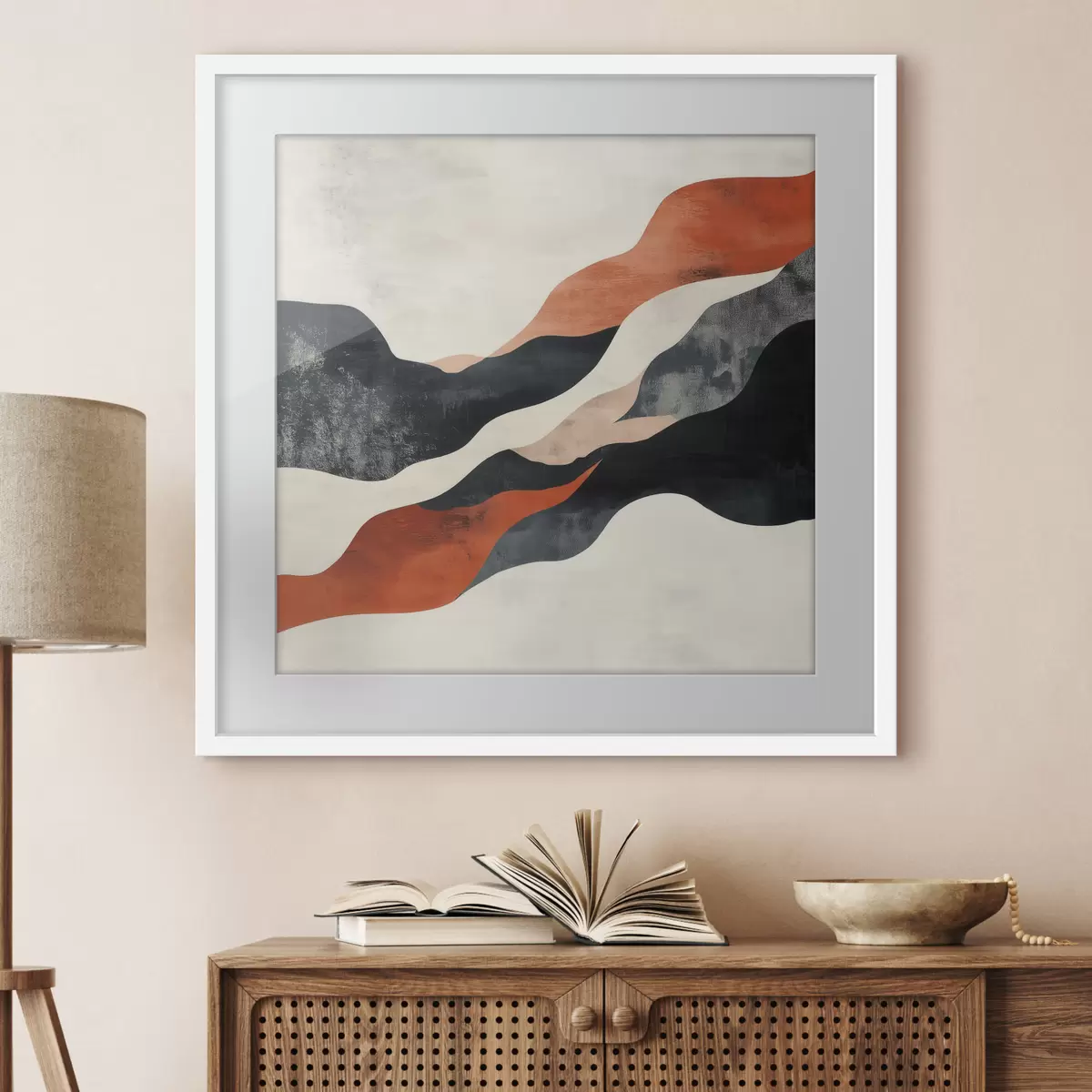 Poster Abstrakte, wellenförmige Landschaft in einer kontrastreichen Farbpalette aus Terrakotta und Dunkelblau f48881