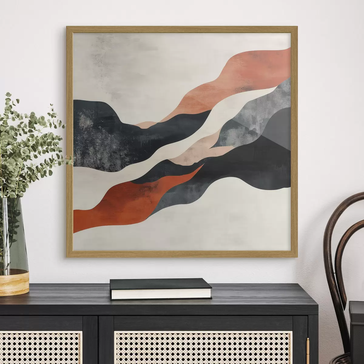 Poster Abstrakte, wellenförmige Landschaft in einer kontrastreichen Farbpalette aus Terrakotta und Dunkelblau f48881
