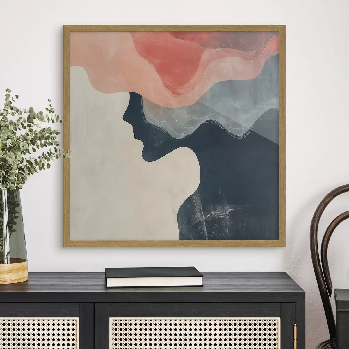 Poster Abstrakte weibliche Silhouette mit korallenroten und blauen Wellen im minimalistischen Stil f48882