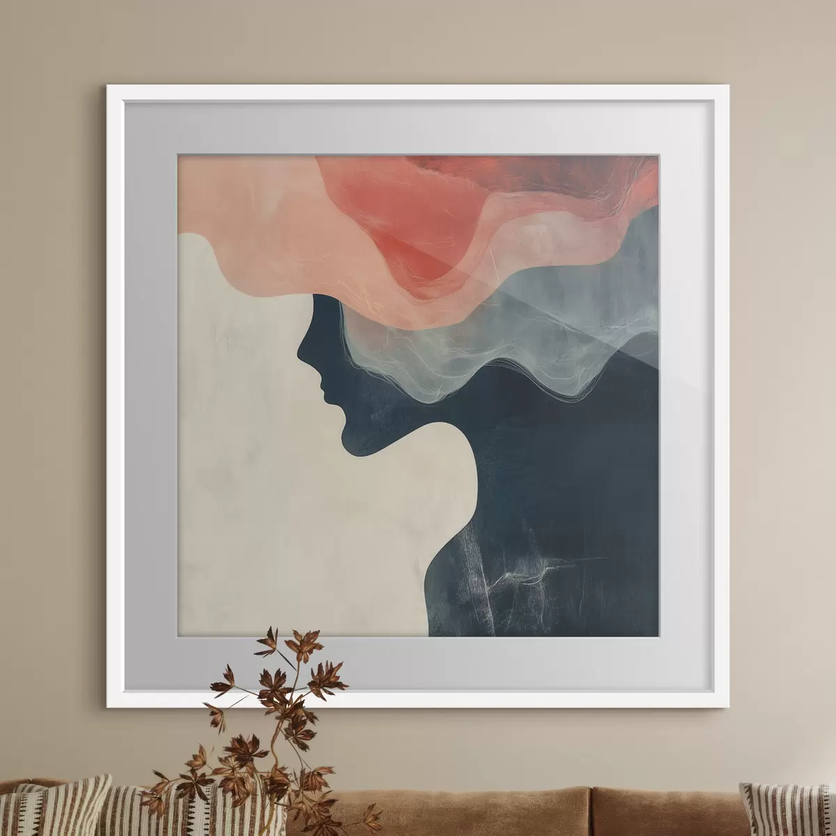 Poster Abstrakte weibliche Silhouette mit korallenroten und blauen Wellen im minimalistischen Stil f48882