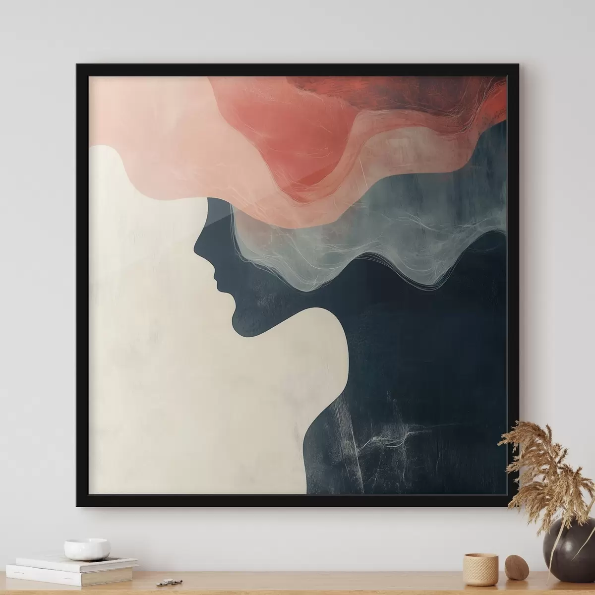 Poster Abstrakte weibliche Silhouette mit korallenroten und blauen Wellen im minimalistischen Stil f48882