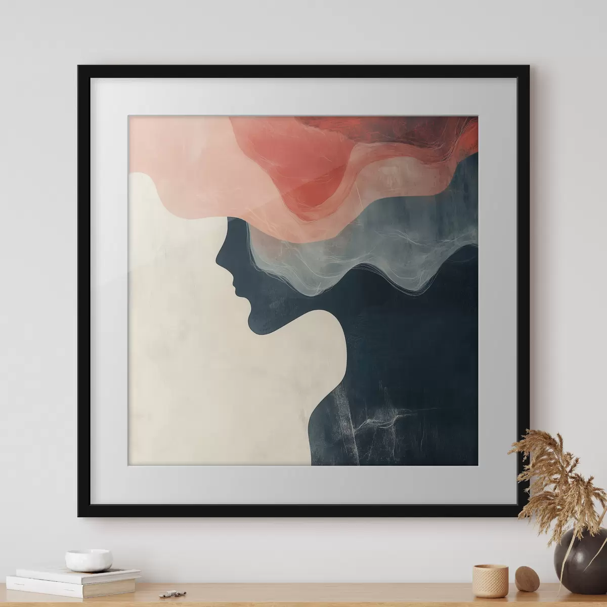 Poster Abstrakte weibliche Silhouette mit korallenroten und blauen Wellen im minimalistischen Stil f48882