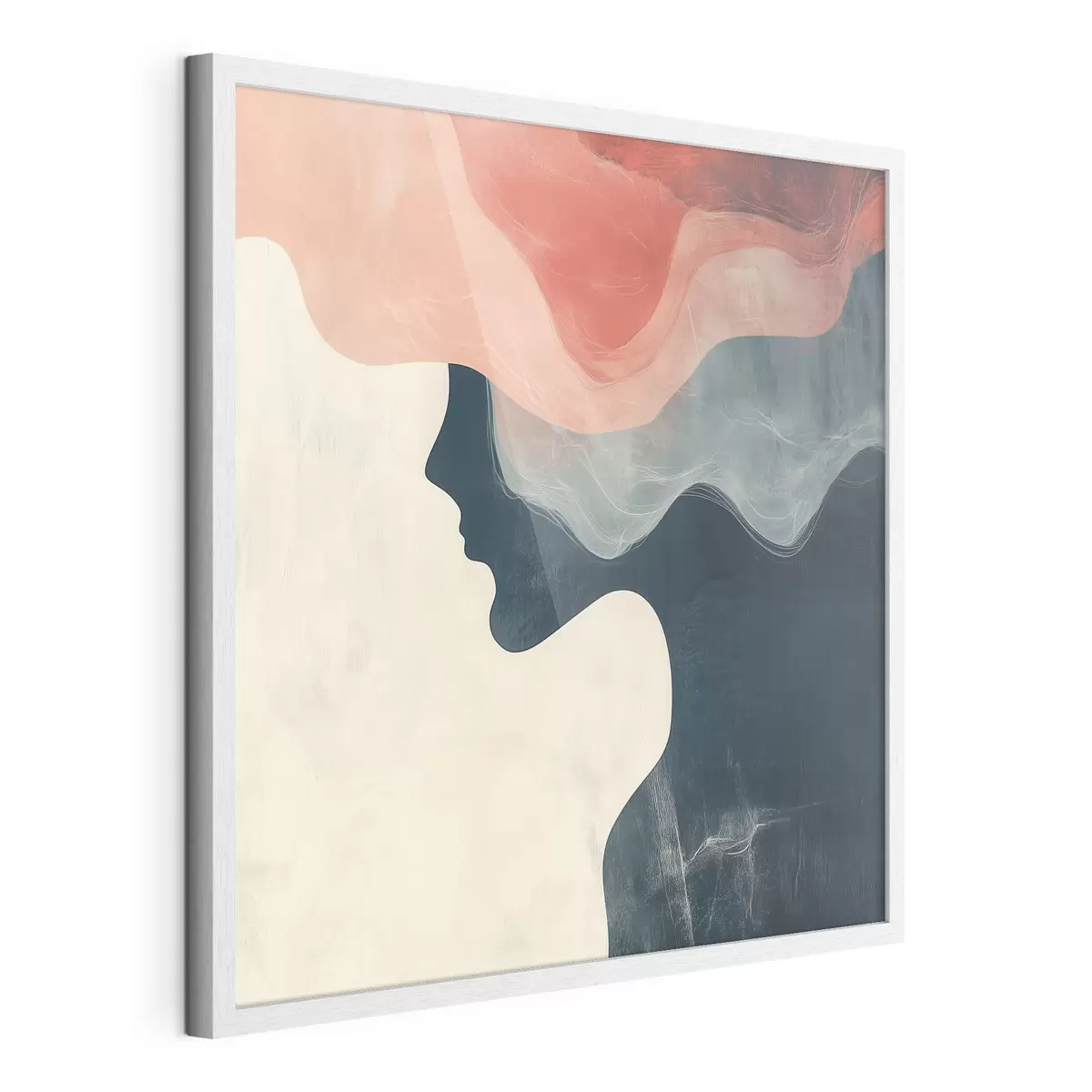 Poster Abstrakte weibliche Silhouette mit korallenroten und blauen Wellen im minimalistischen Stil f48882