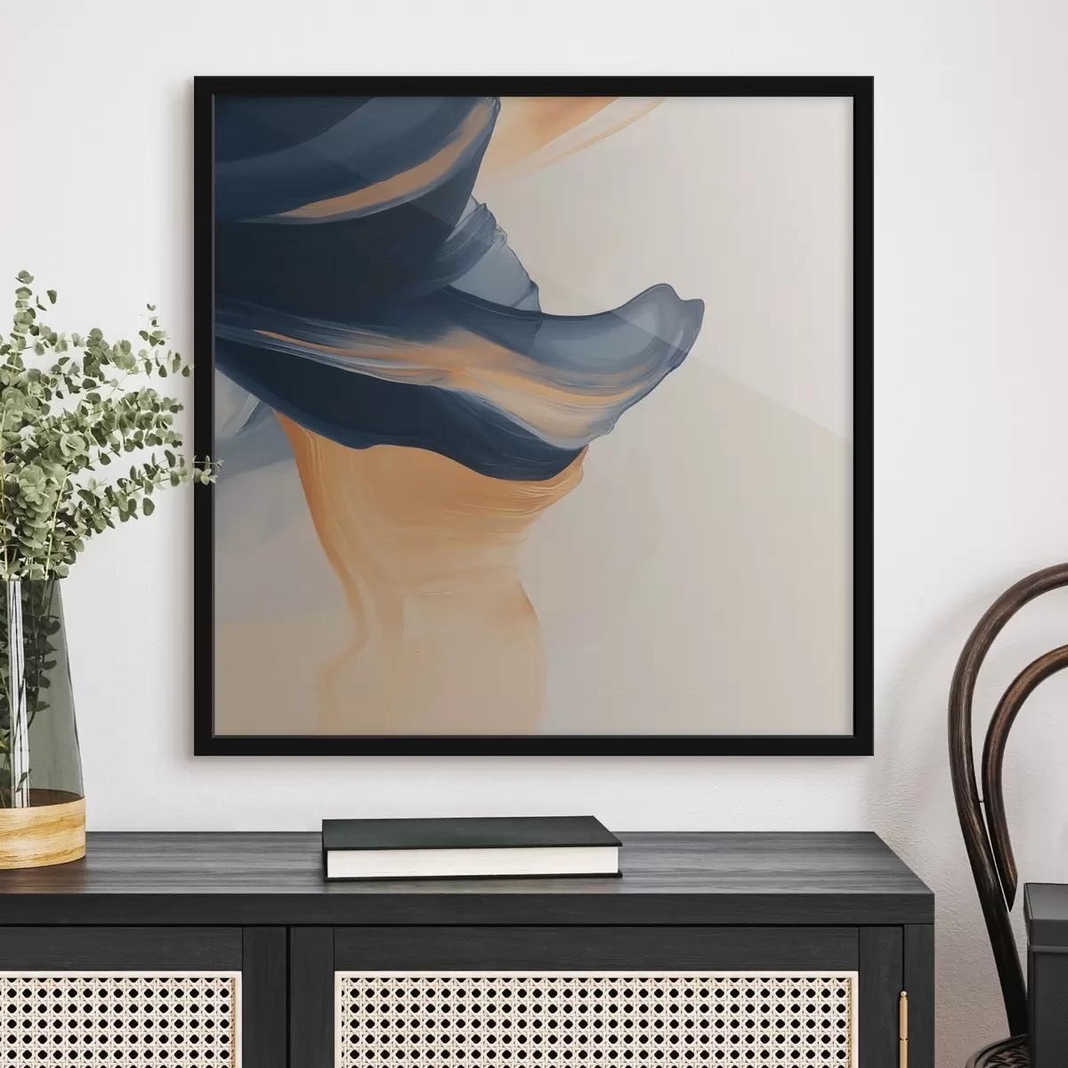 Poster Komposition mit tiefblauen und warmen Pfirsichfarben in einem zeitgenössischen Malstil f48883