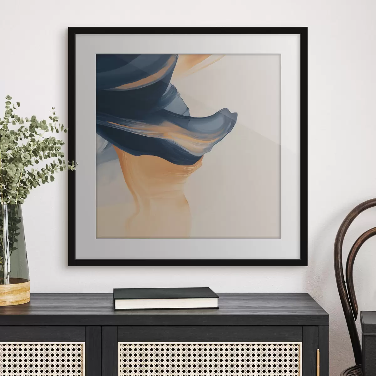Poster Komposition mit tiefblauen und warmen Pfirsichfarben in einem zeitgenössischen Malstil f48883