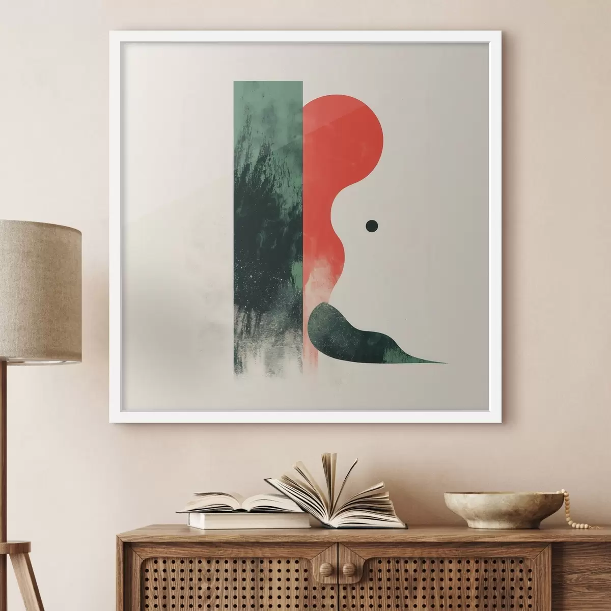 Poster Moderne geometrische Komposition mit roten und grünen abstrakten Formen f48888
