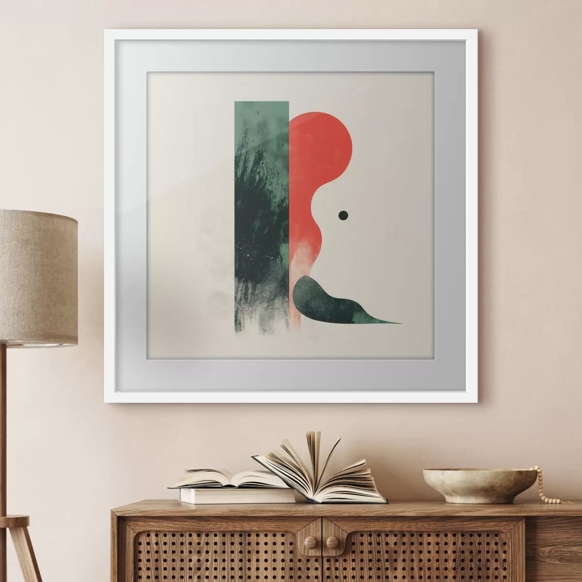 Poster Moderne geometrische Komposition mit roten und grünen abstrakten Formen f48888