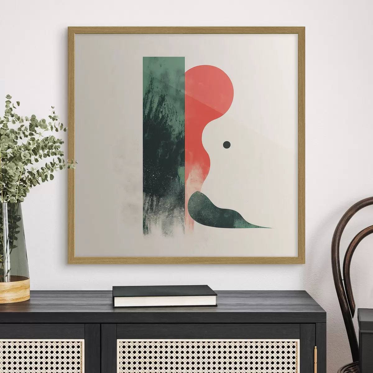 Poster Moderne geometrische Komposition mit roten und grünen abstrakten Formen f48888