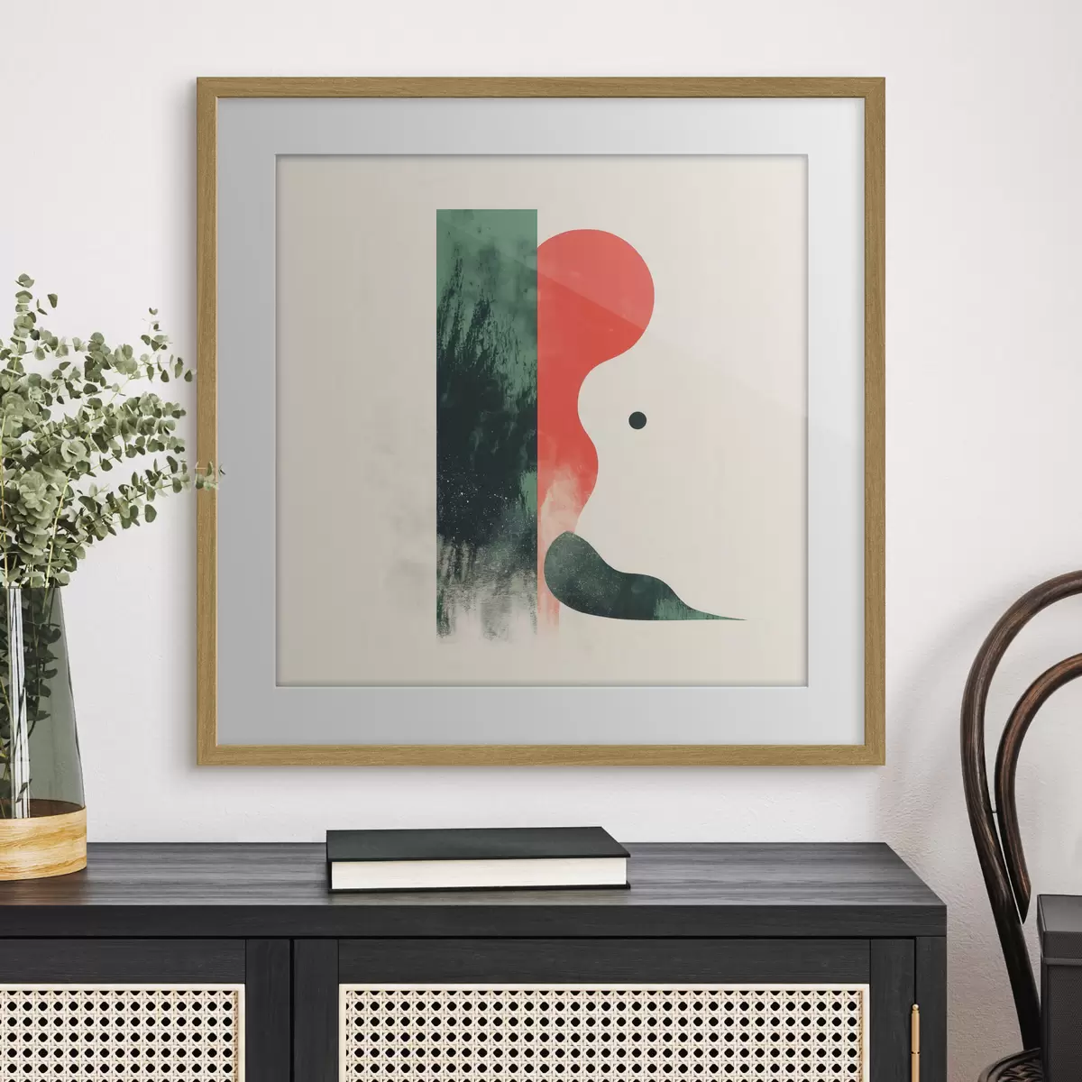 Poster Moderne geometrische Komposition mit roten und grünen abstrakten Formen f48888