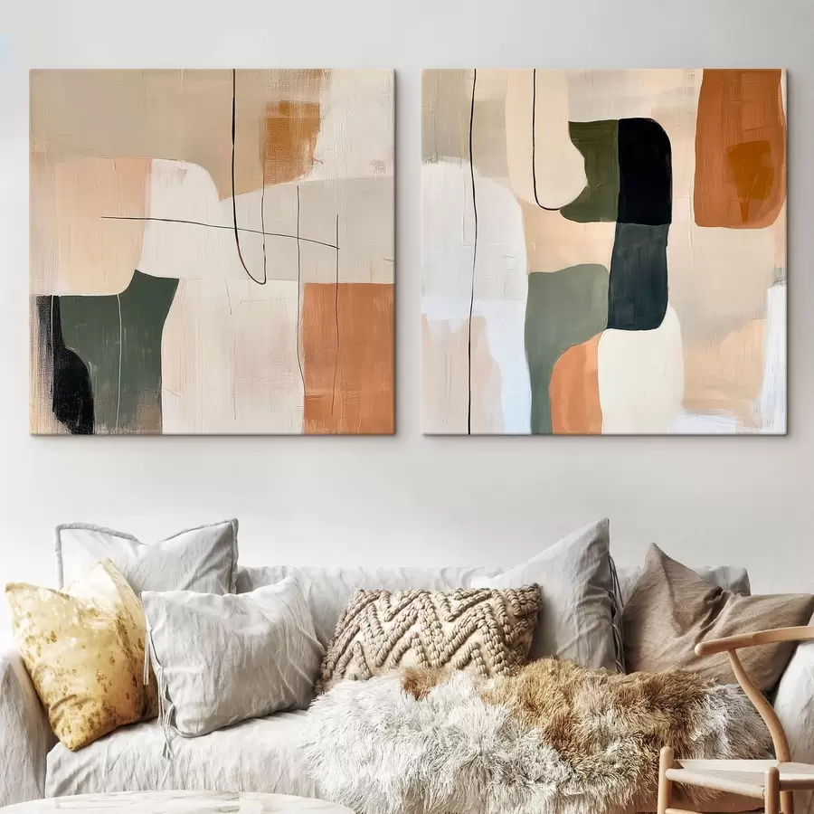 Wandbilder Abstraktes geometrisches Diptychon in einer warmen Beige-Terrakotta-Farbpalette mit olivfarbenen Akzenten m30371