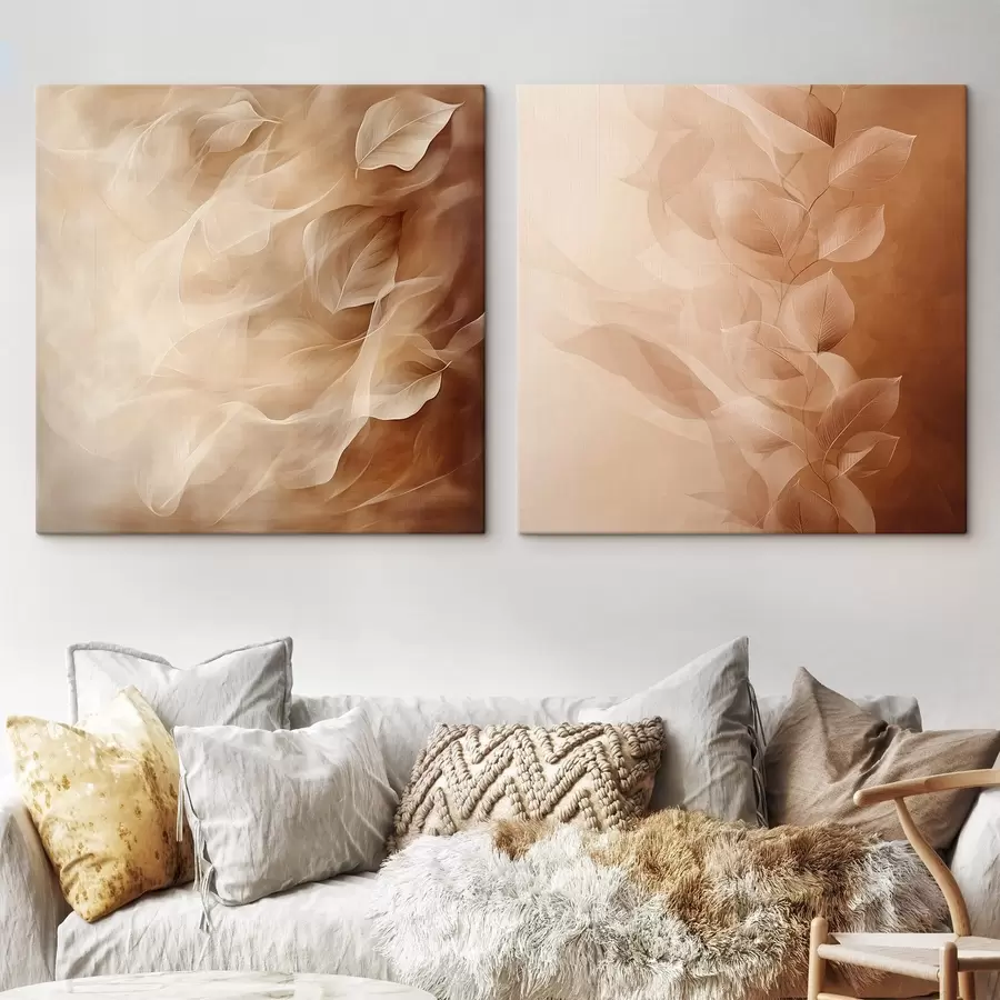 Wandbilder Blumen-Diptychon mit halbtransparenten Blättern in warmen Braun- und Kaffeetönen m30372