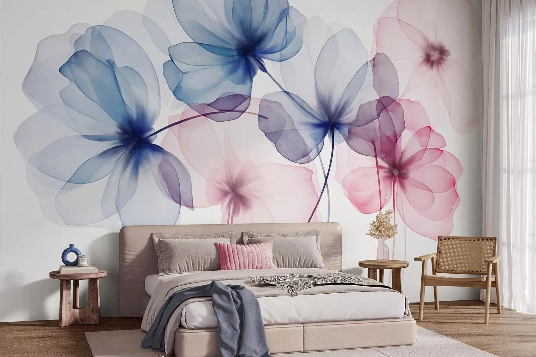 Fototapete Durchscheinende, strukturierte blaue und rosa Blumen auf hellem Hintergrund, zarte, sich überlappende Blütenblätter w09892