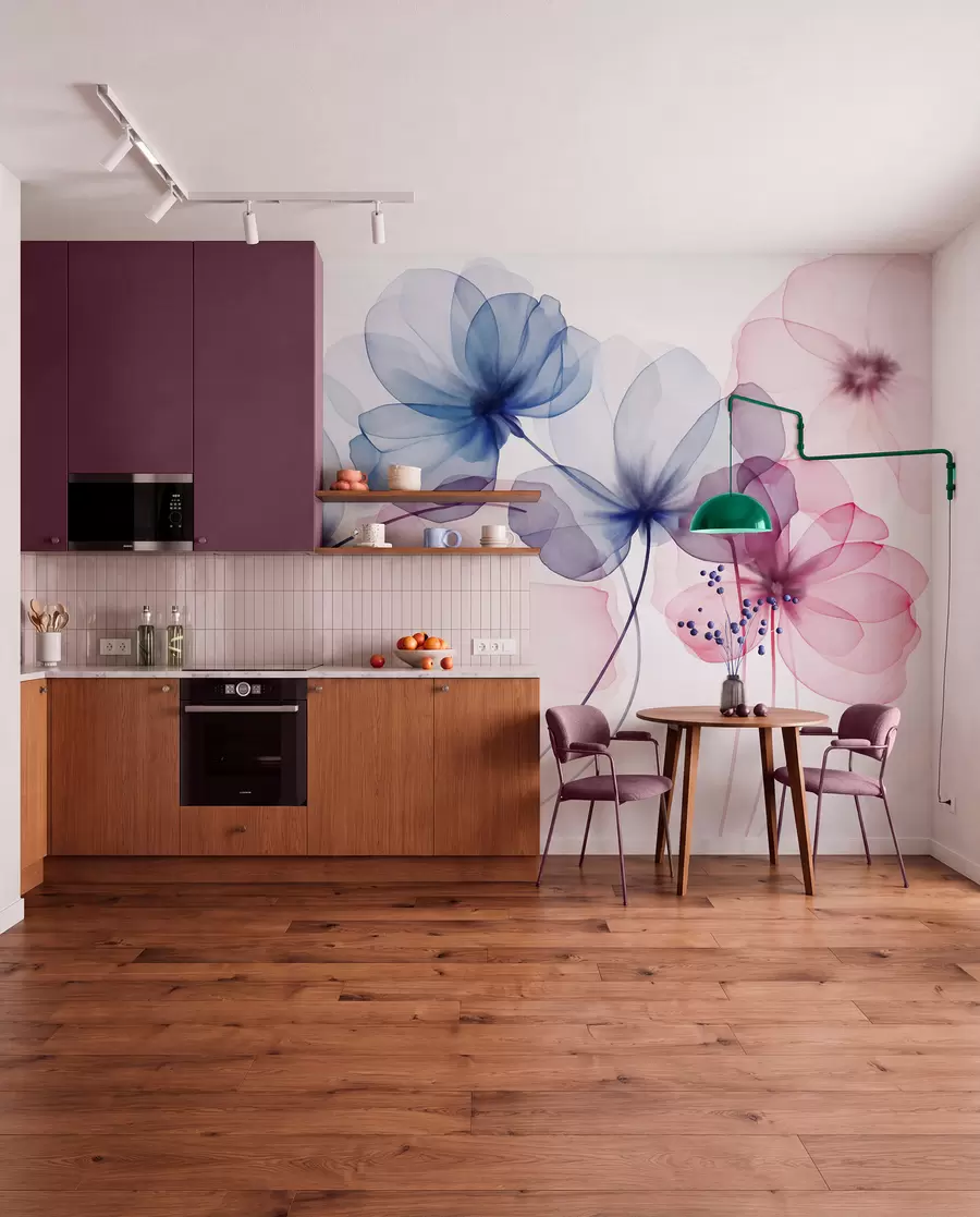Fototapete Durchscheinende, strukturierte blaue und rosa Blumen auf hellem Hintergrund, zarte, sich überlappende Blütenblätter w09892