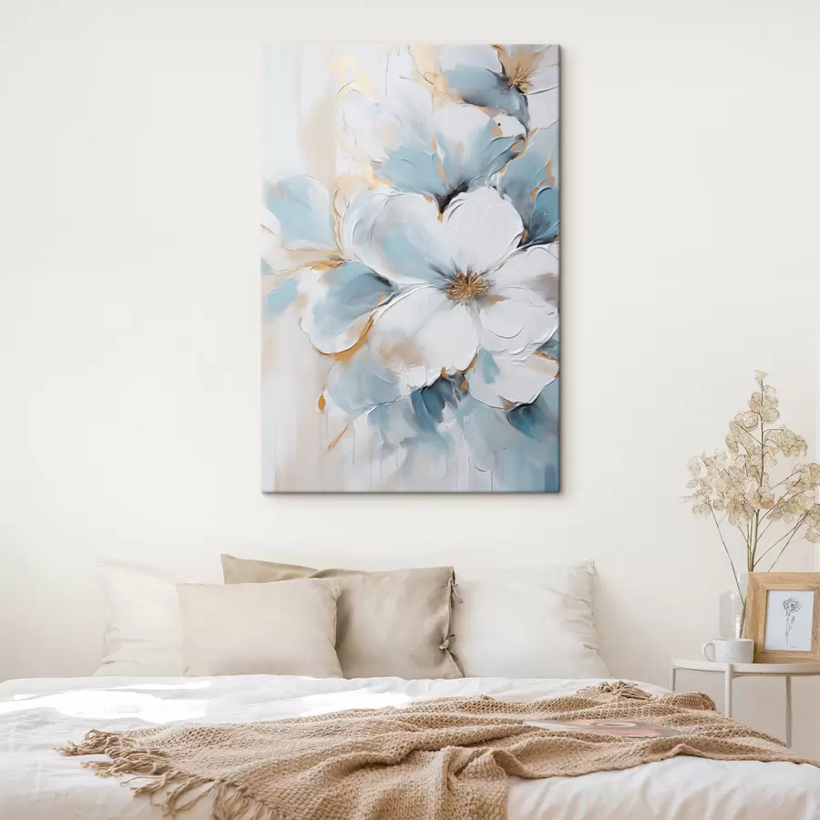Wandbilder Weiße und hellblaue Blumen, Malstil mit strukturierten Pinselstrichen s49462