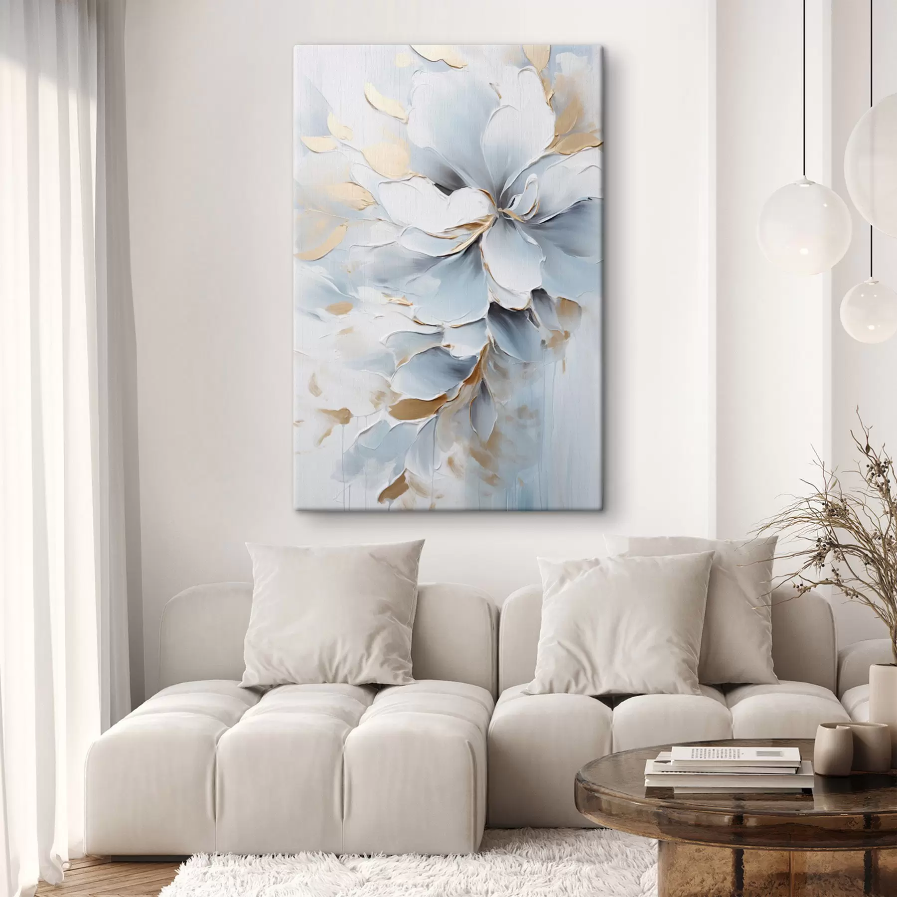 Wandbilder Weiße und hellblaue Blumen, Malstil mit strukturierten Pinselstrichen s49463
