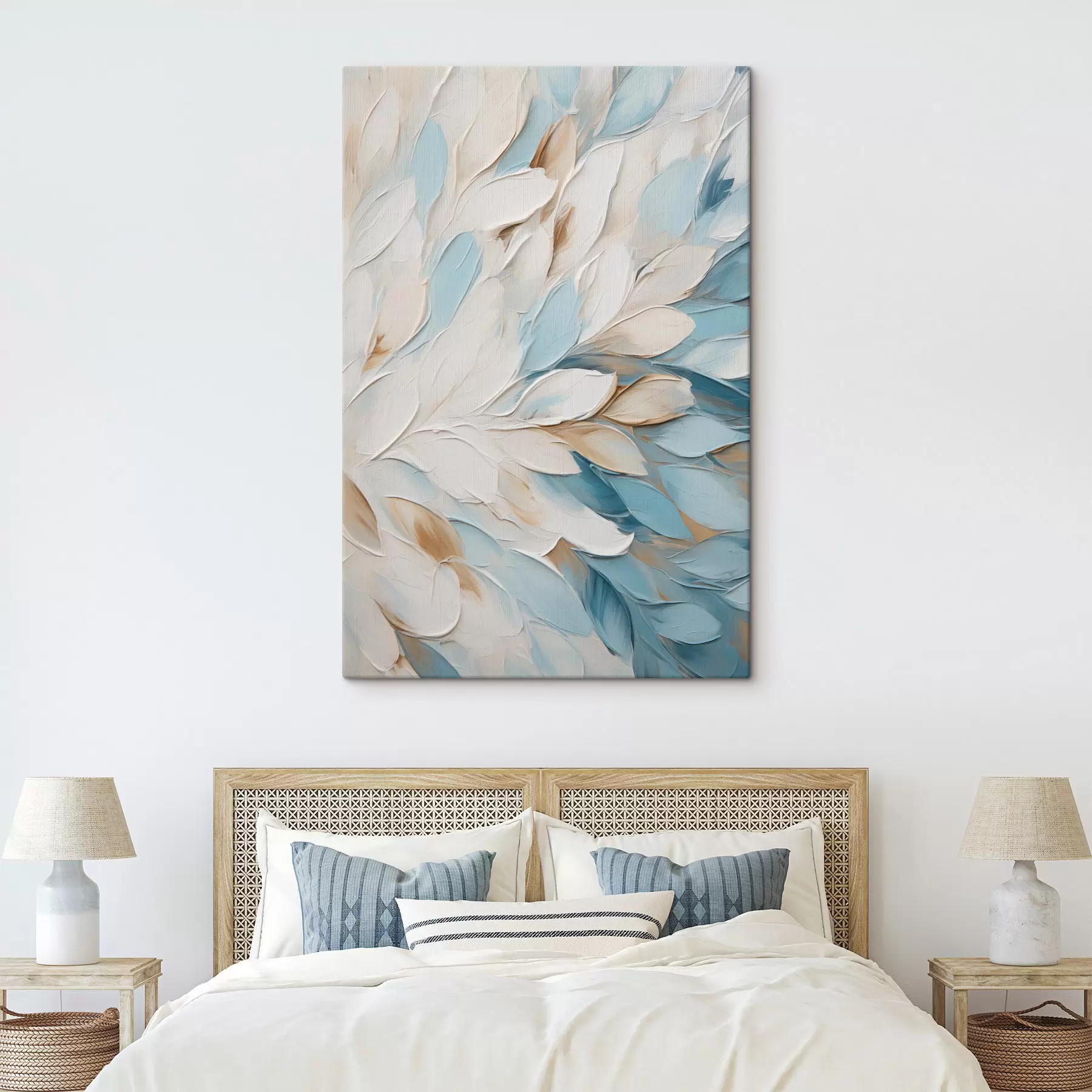 Wandbilder Abstrakte, strukturierte Malerei mit Pinselstrichen in Weiß, Blau und Beige s49465