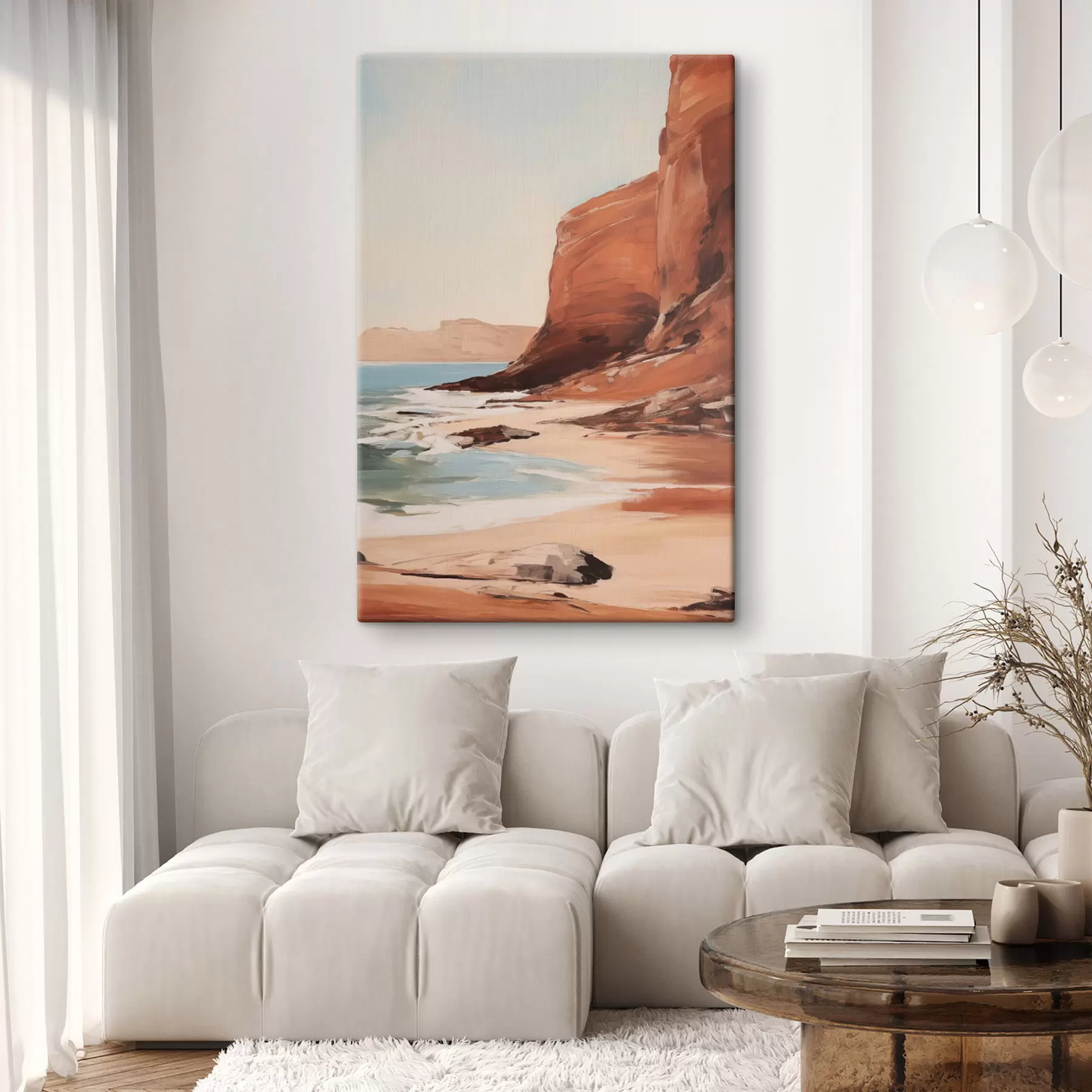Wandbilder Landschaft mit Klippen und Wellen, die an einen Sandstrand branden, bei ruhiger See s49476