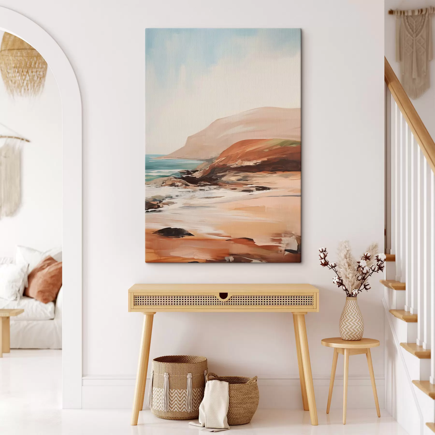 Wandbilder Landschaft mit Klippen und Wellen, die an einen Sandstrand branden, bei ruhiger See s49477