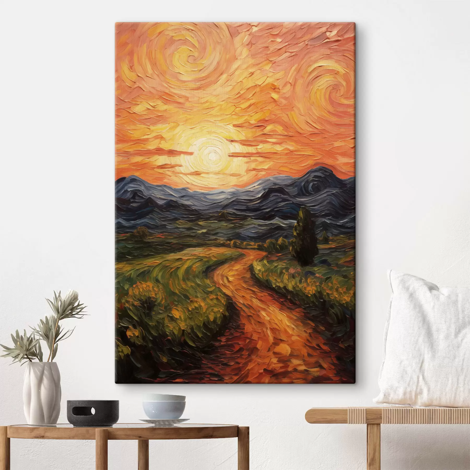 Wandbilder Lebendige Landschaft, orange-gelber Himmel mit Sonne, stilisierte, strukturierte Grafik s49478