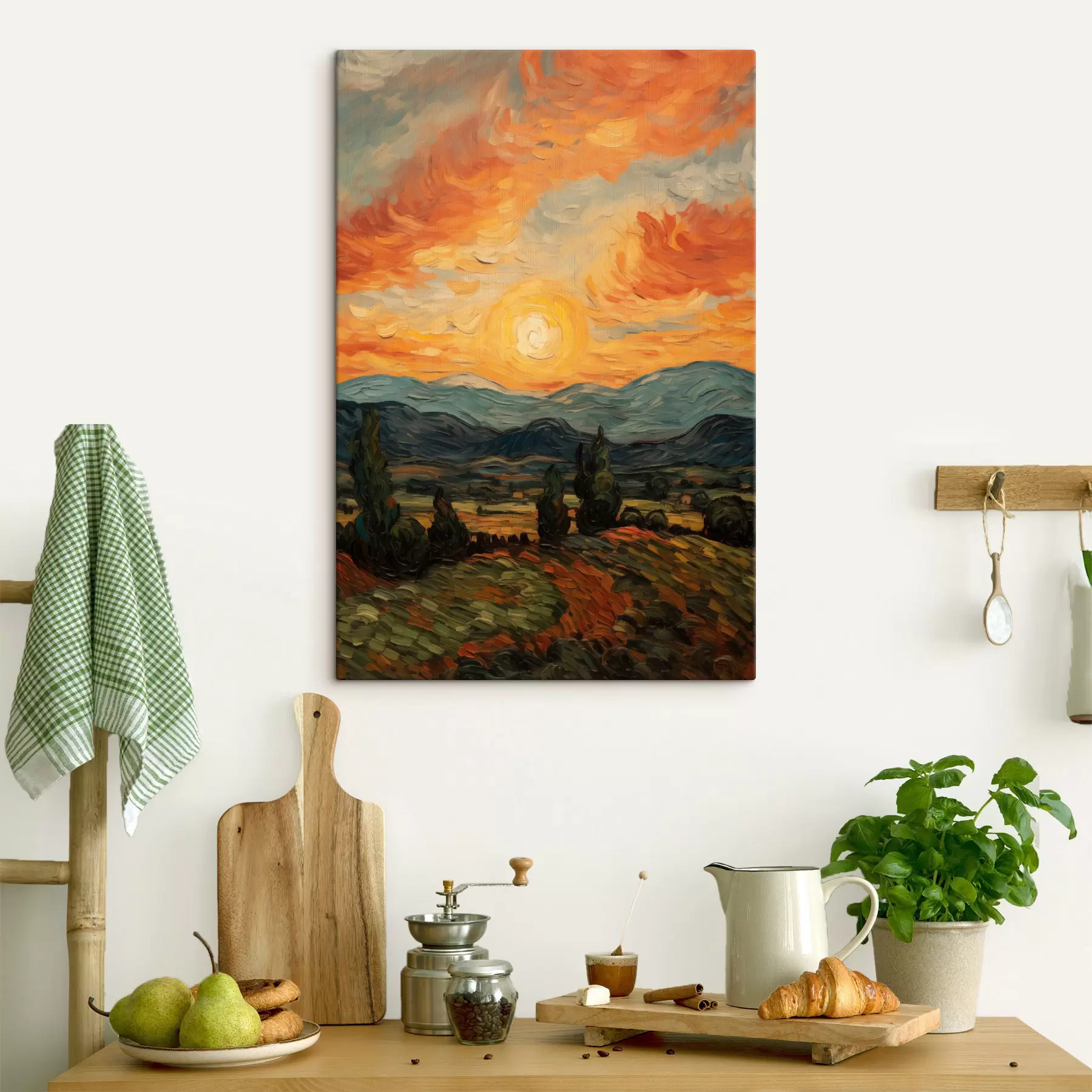 Wandbilder Lebendige Landschaft, orange-gelber Himmel mit Sonne, stilisierte, strukturierte Grafik s49479