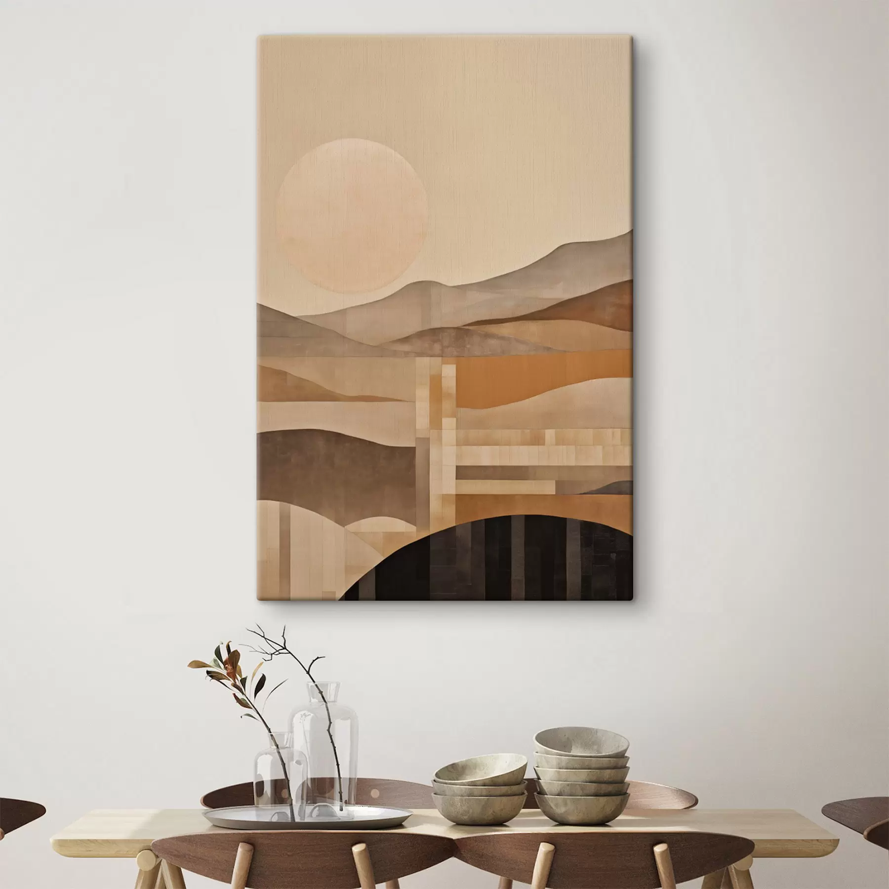 Wandbilder Eine minimalistische Landschaft mit geometrischen Formen, Berge in Sepia-Tönen s49485