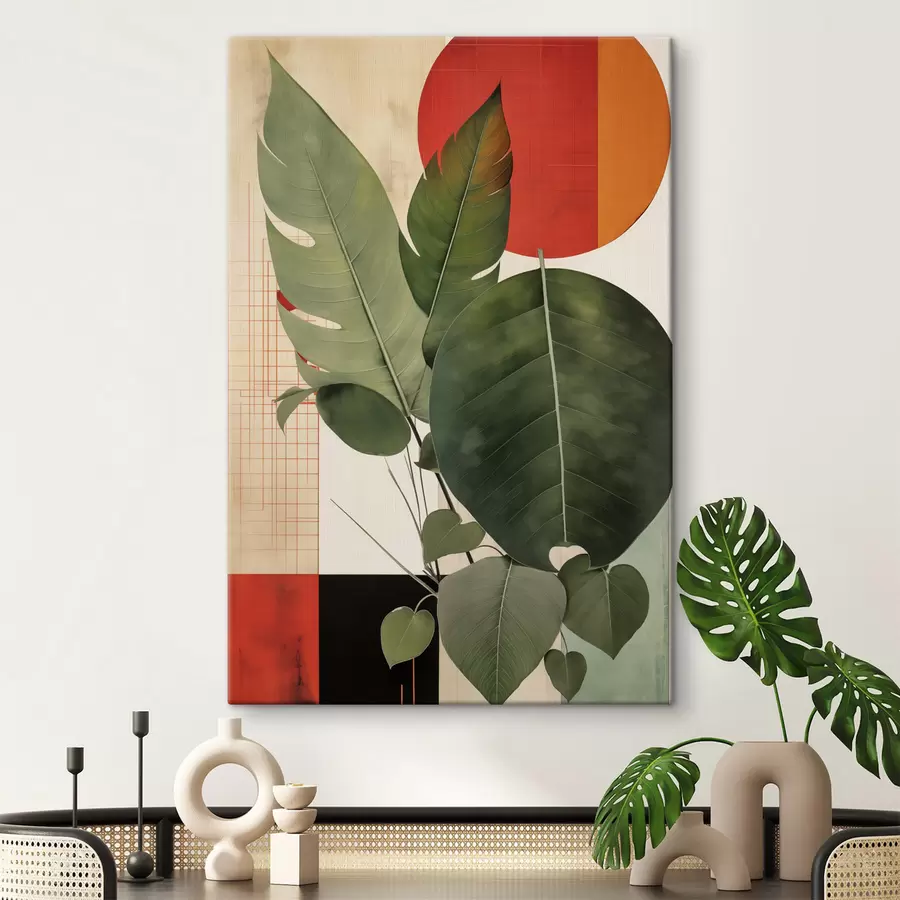 Wandbilder Große Blätter vor einem geometrischen Hintergrund, im Stil abstrakter moderner Kunst s49490