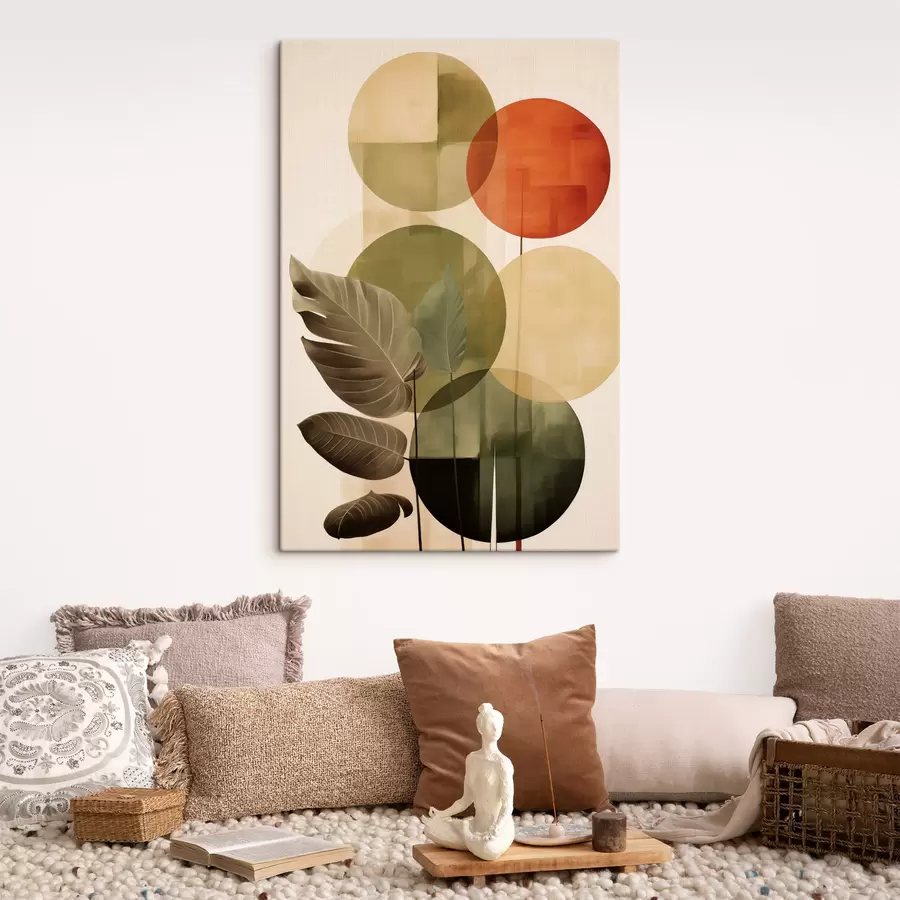 Wandbilder Blätter vor einem geometrischen Hintergrund, im Stil abstrakter moderner Kunst s49491