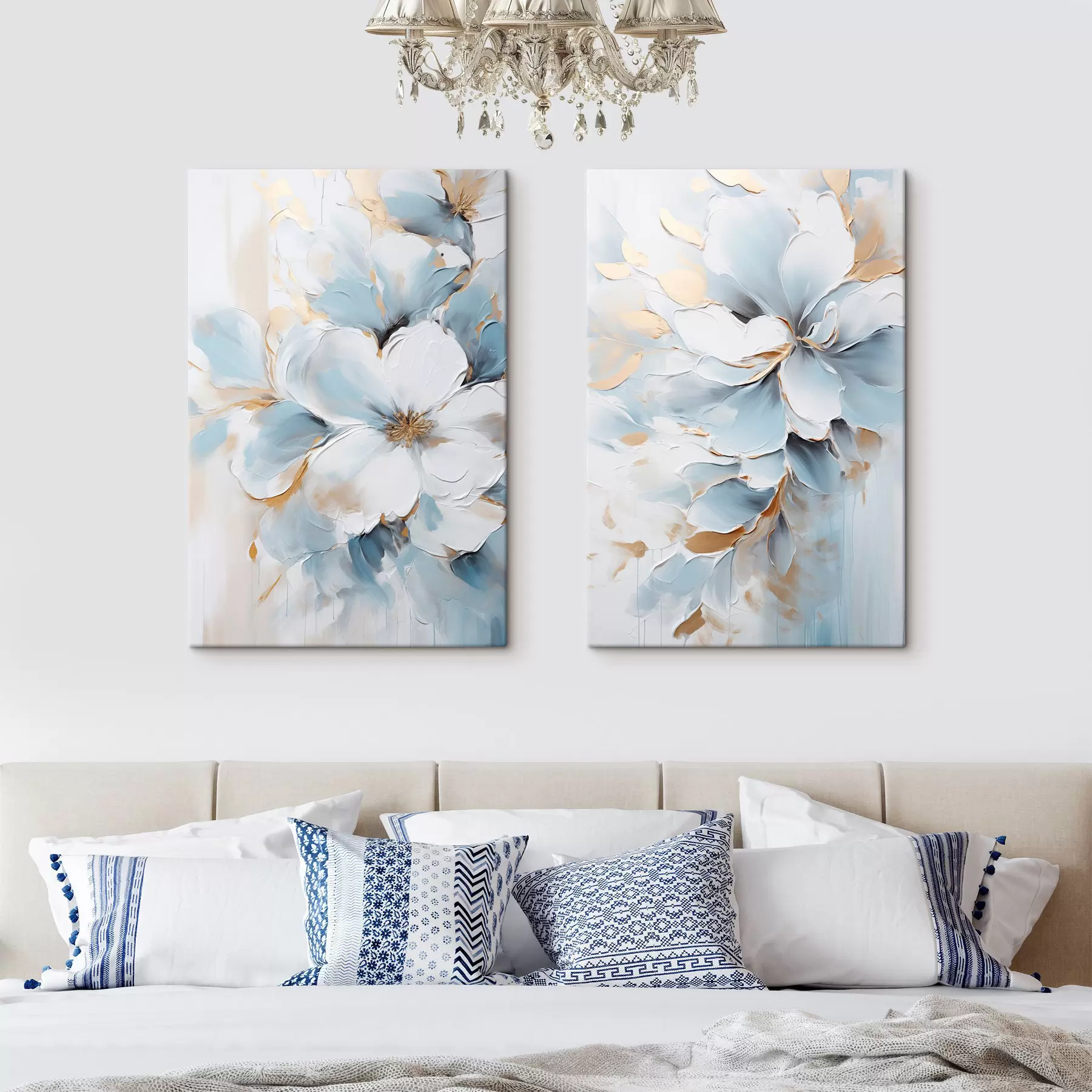 Wandbilder Weiße und hellblaue Blumen, Malstil mit strukturierten Pinselstrichen m30567