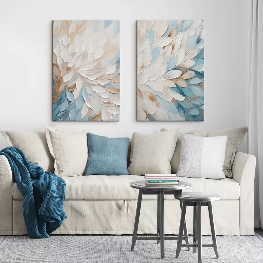 Wandbilder Abstrakte, strukturierte Malerei mit Pinselstrichen in Weiß, Blau und Beige m30568