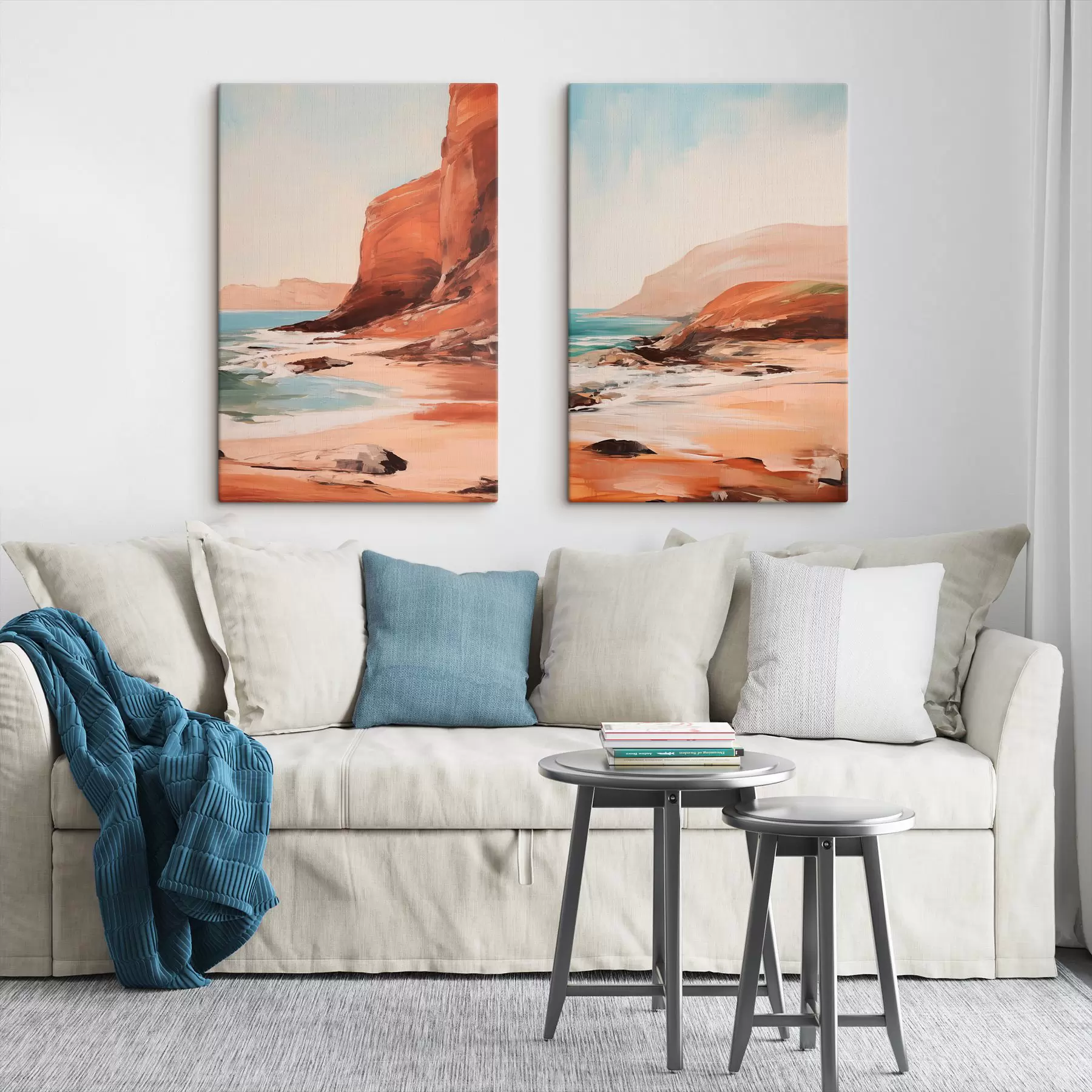 Wandbilder Landschaft mit Klippen und Wellen, die an einen Sandstrand branden, bei ruhiger See m30574
