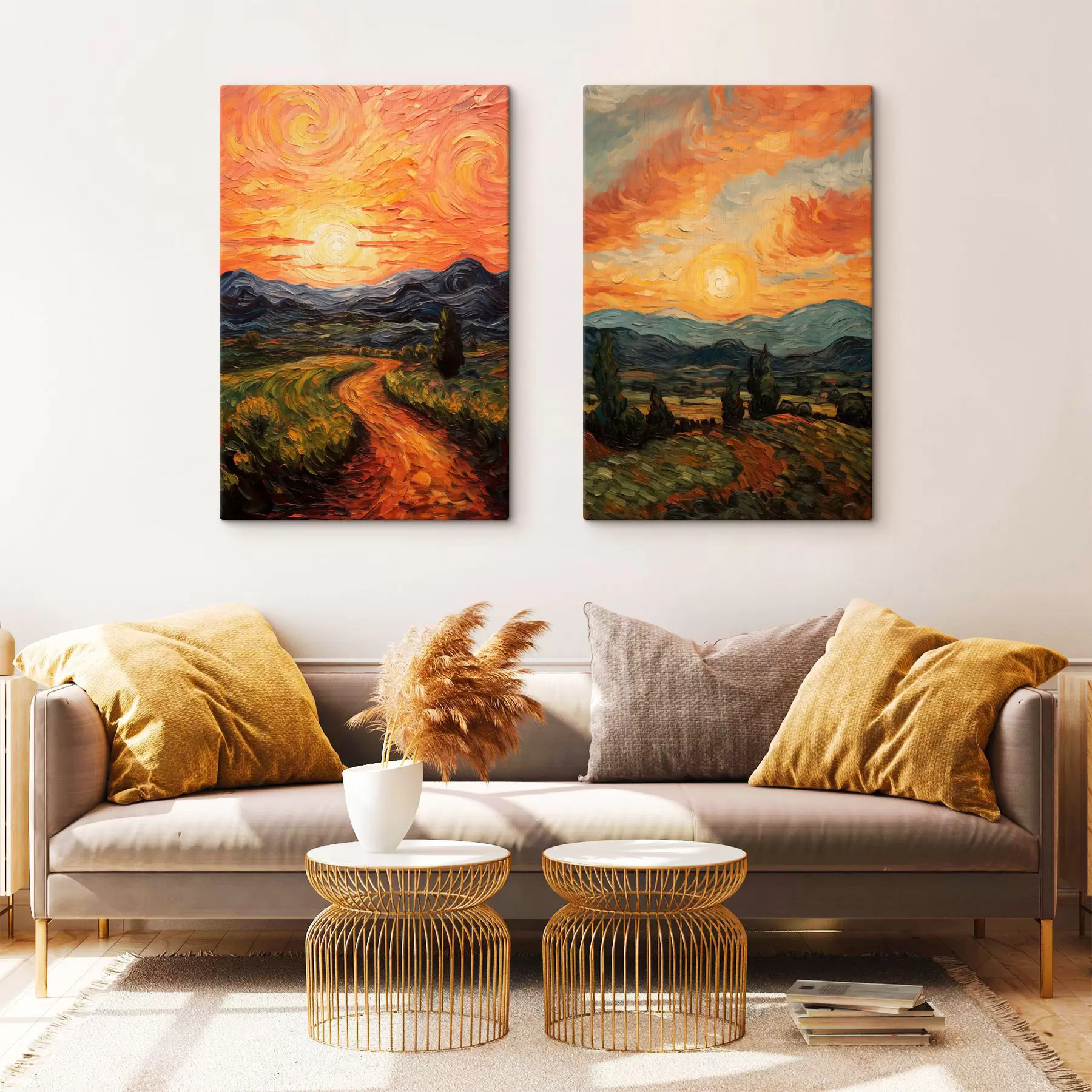 Wandbilder Lebendige Landschaft, orange-gelber Himmel mit Sonne, stilisierte, strukturierte Grafik m30575