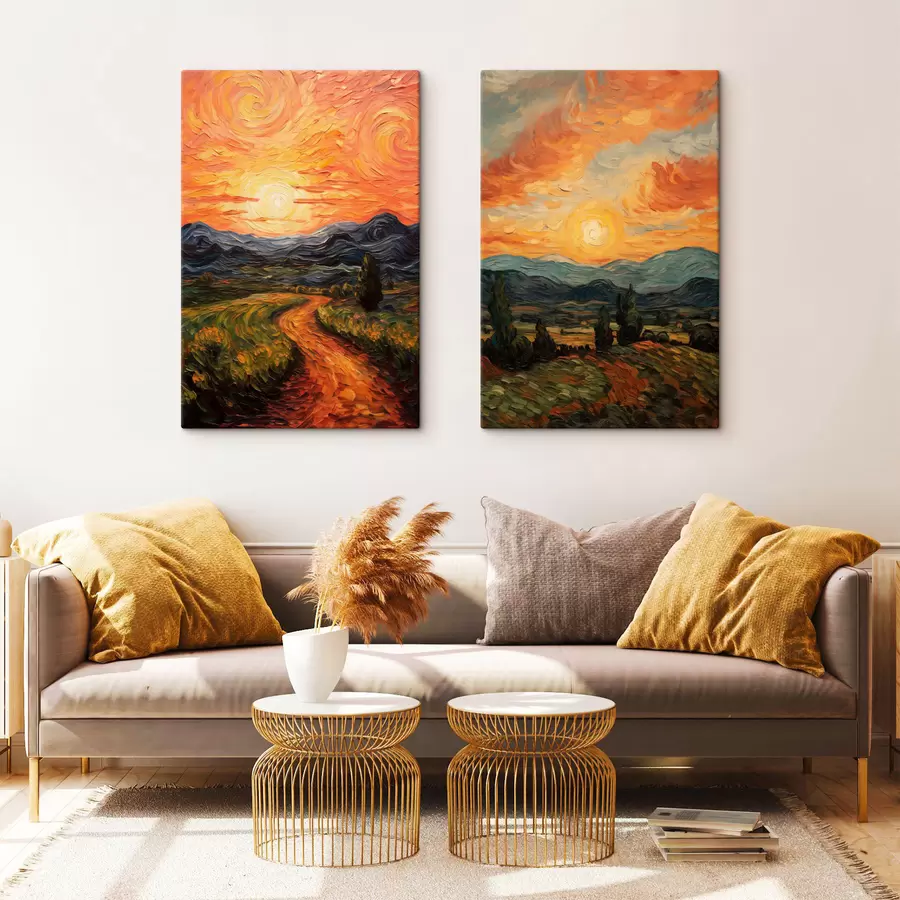 Wandbilder Lebendige Landschaft, orange-gelber Himmel mit Sonne, stilisierte, strukturierte Grafik m30575