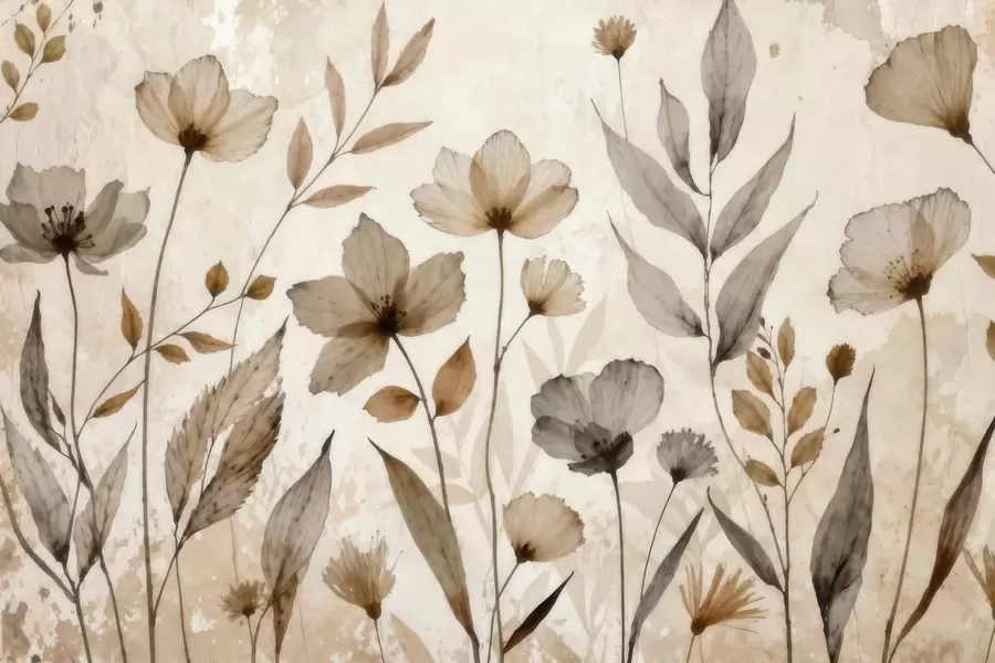 Fototapete Zarte Wildblumen in Aquarelloptik in sanften Beige- und Cremetönen w09875