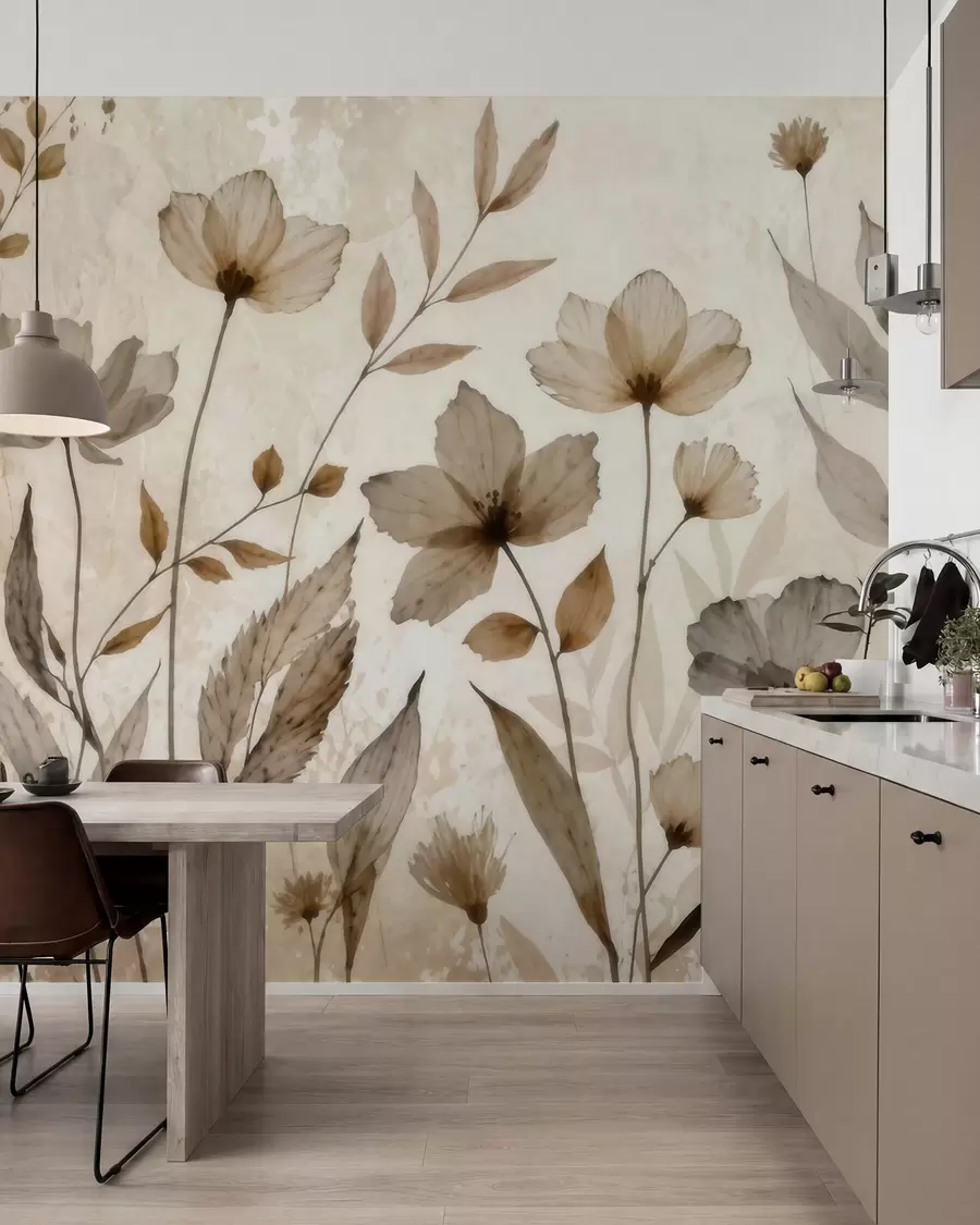 Fototapete Zarte Wildblumen in Aquarelloptik in sanften Beige- und Cremetönen w09875