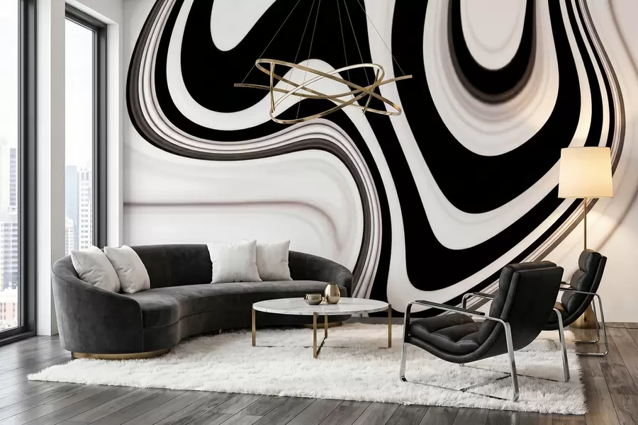 Fototapete Abstrakte Wandtapete mit fließenden schwarz-weißen Wellen im modernen, minimalistischen Stil w09877