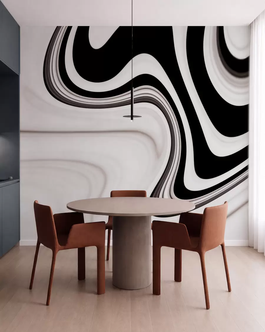 Fototapete Abstrakte Wandtapete mit fließenden schwarz-weißen Wellen im modernen, minimalistischen Stil w09877
