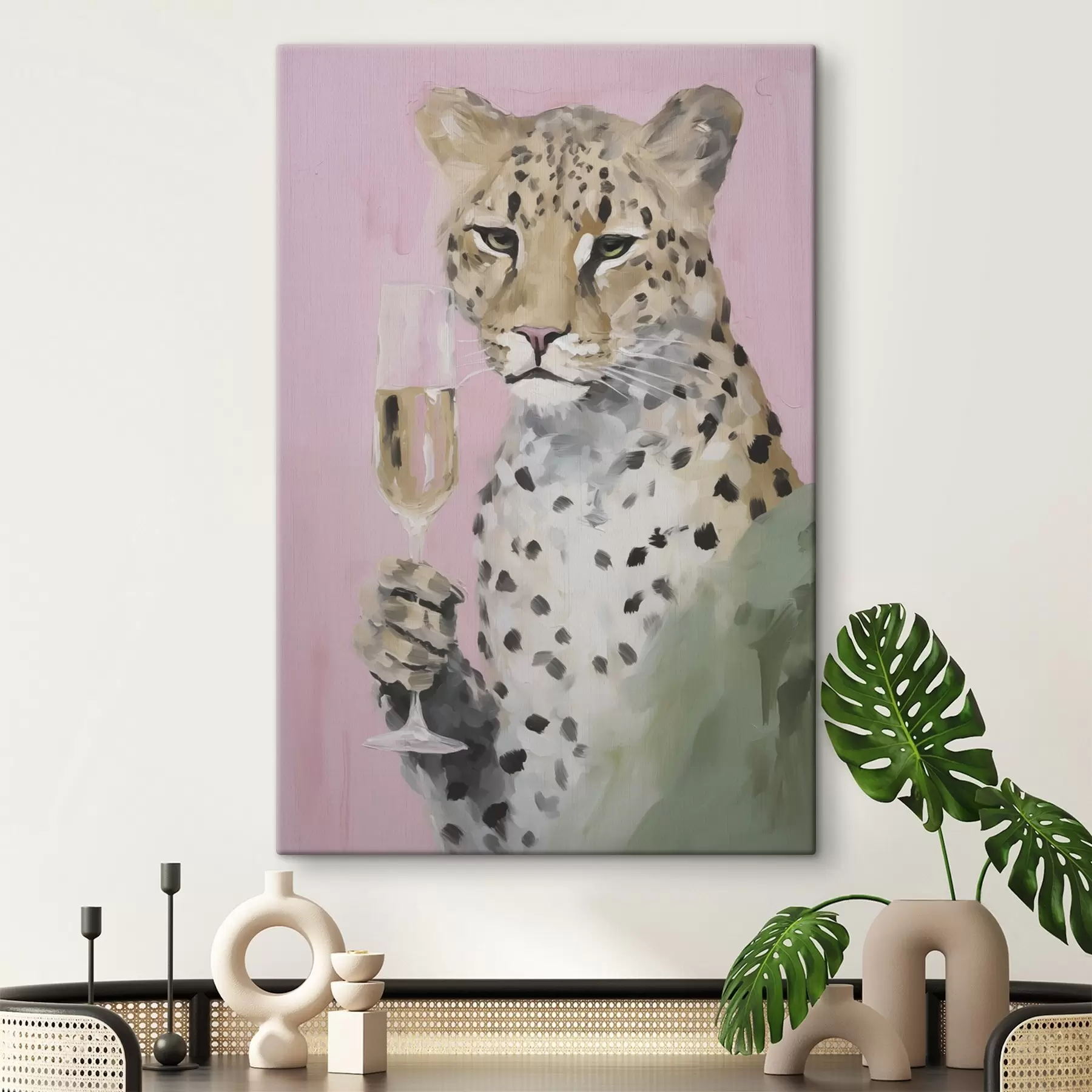 Wandbilder Gemälde, das einen Leoparden mit einem Glas in der Pranke zeigt s49511