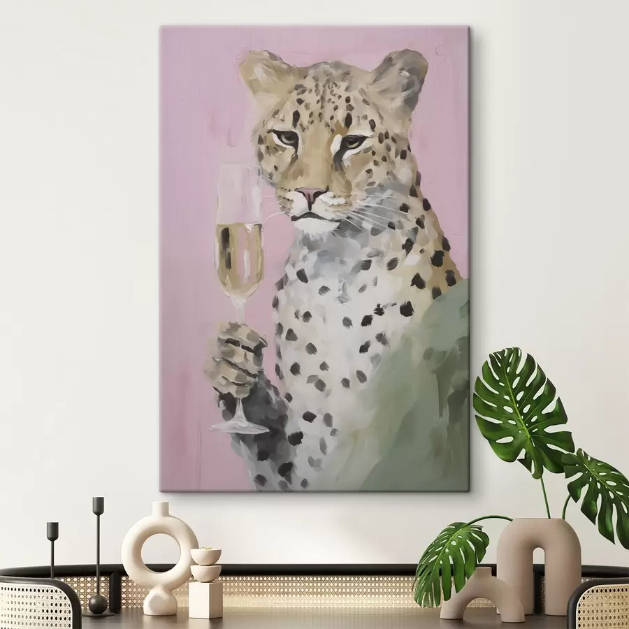 Wandbilder Gemälde, das einen Leoparden mit einem Glas in der Pranke zeigt s49511